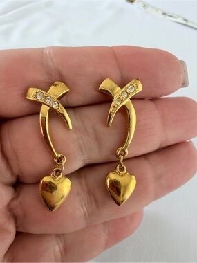 Gold-Tone Heart Drop Avon Earrings with Crystal Accents